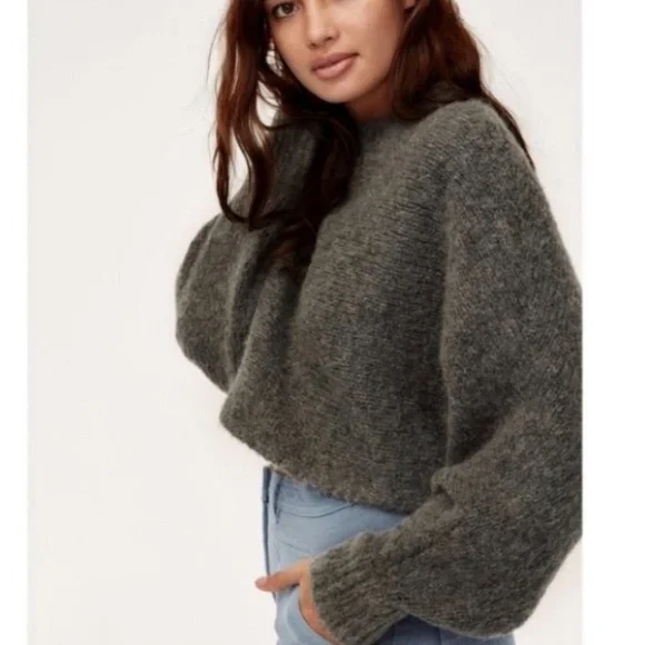 Aritzia Wilfred Free Lolan Sweater Pullover Cropped Alpaca Wool Gray XS - Picture 3 of 12